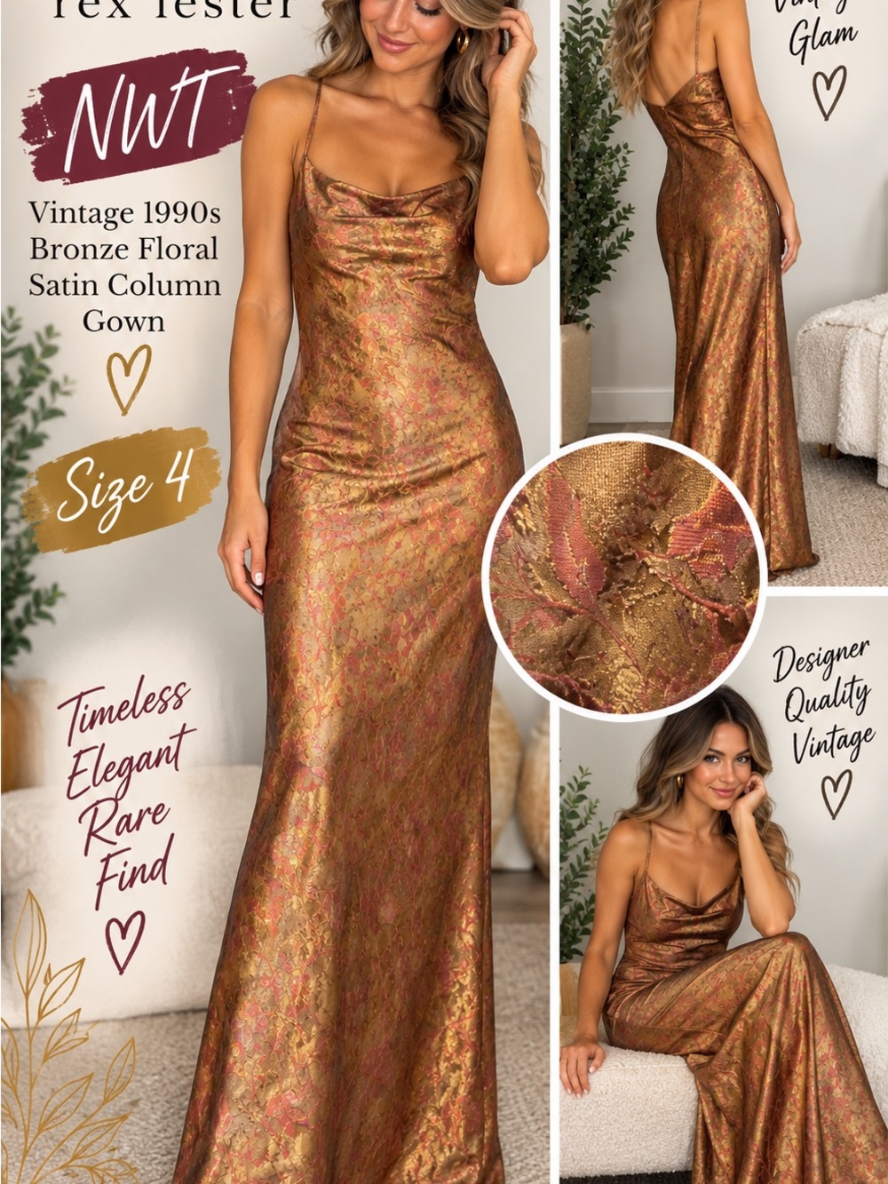 Andrea Polizzi for Rex Lester -Vintage Bronze Floral Satin Column Gown - Size 4